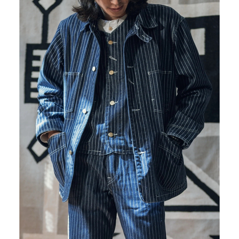 Non Stock Retro Amekaji Men's Wabash Stripe Vest Railroad Work Denim Waistcoats - Picture 5 of 16